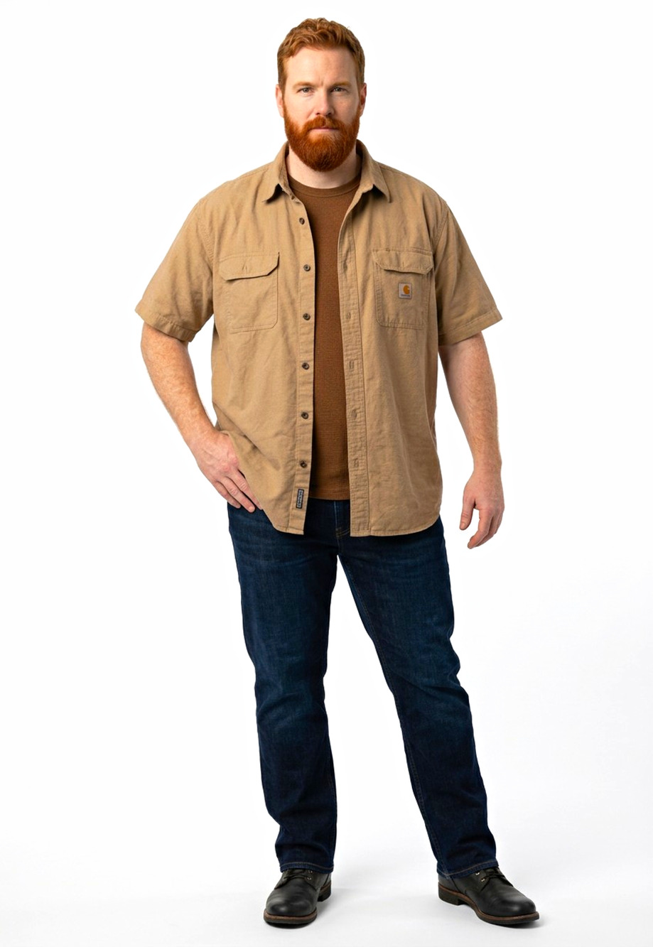 Carhartt Men's Beige Canvas Cotton Button-Up Shirt Loose Fit Short Sleeve 4XL